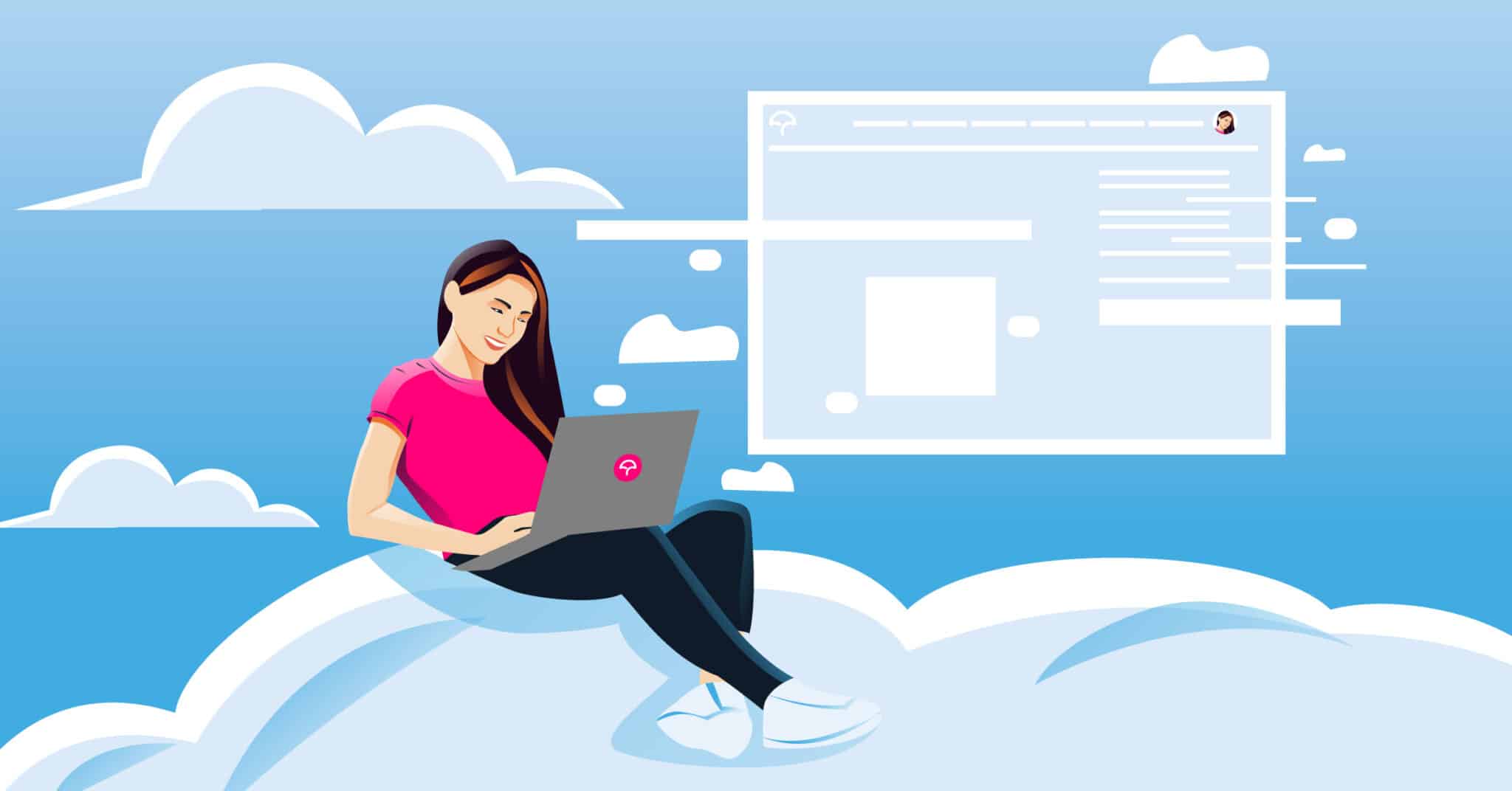 A woman with a bright pink t-shirt sits on a cloud in the sky, smiling as she is working on her laptop. A dashboard with cloud-like traits forms to the right of her.