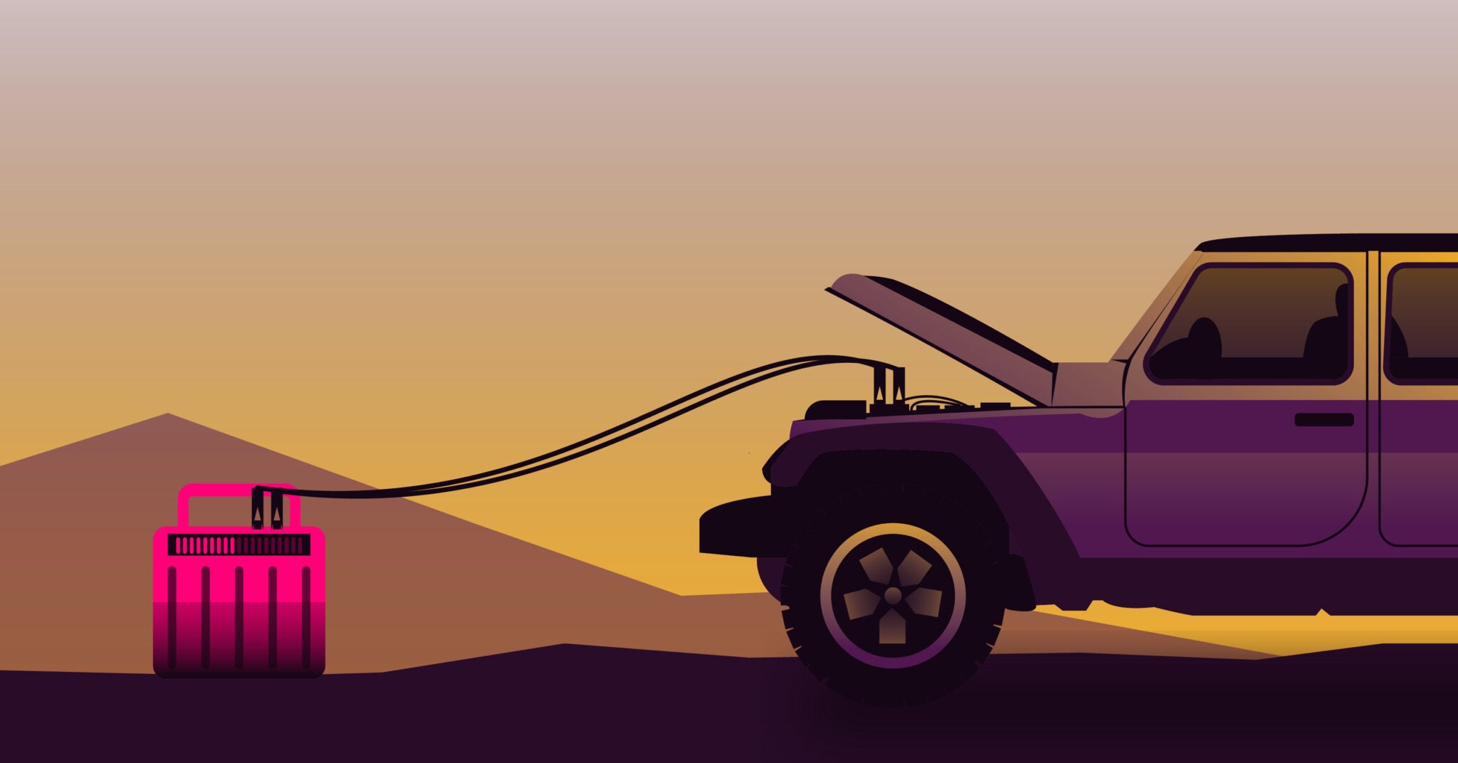 A Jeep SUV sits on rugged terrain during sunrise with its hood open and connected to a car battery booster pack.