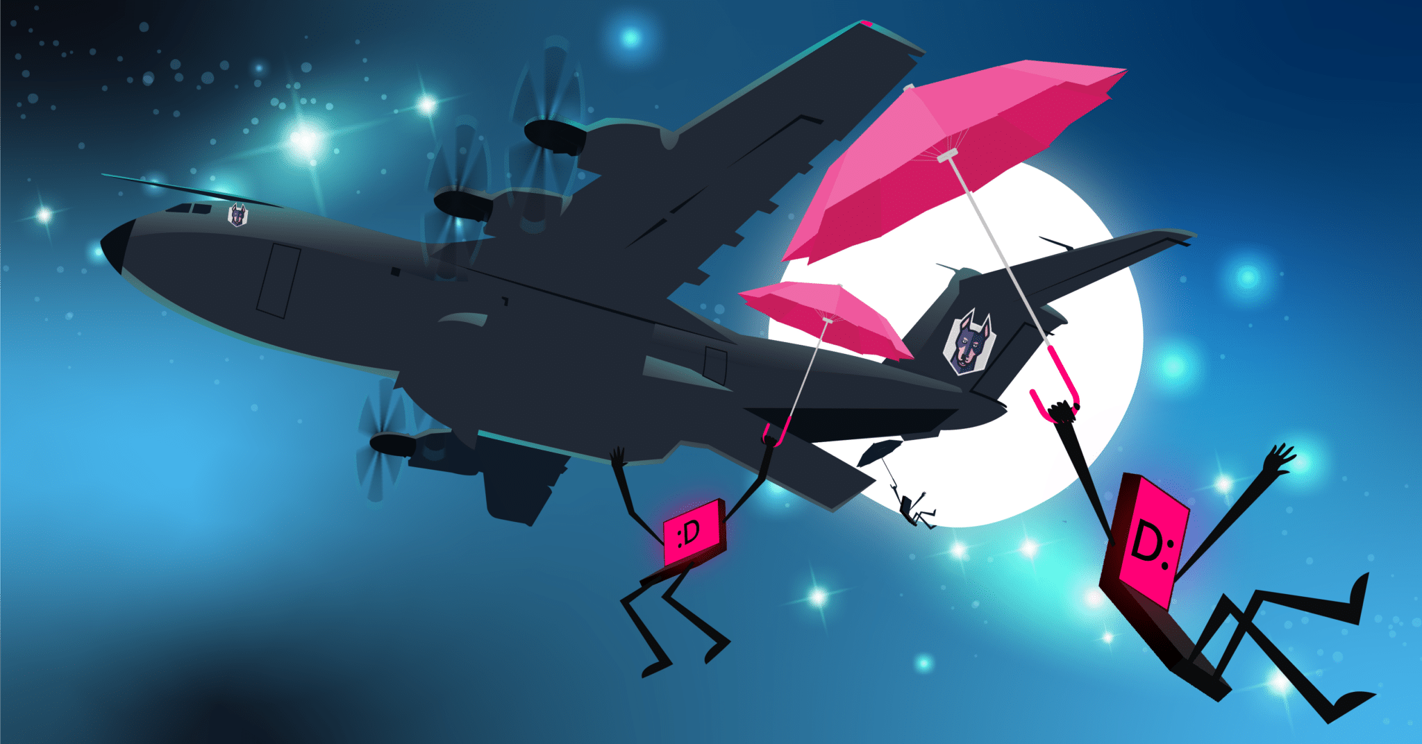 Blog image featuring a blue night sky with a full moon, a Snyk airplane is flying across the sky while occupants with heads for laptops parachute from the plane using umbrellas.