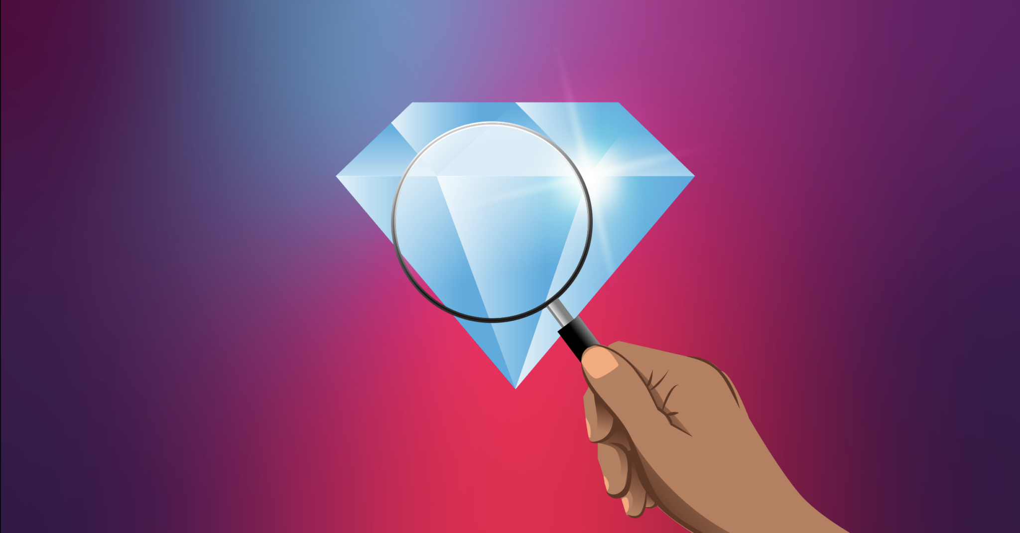 A magnifying glass zooming in a facet of a diamond