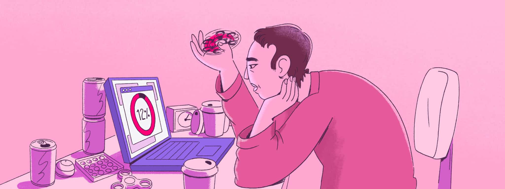 An illustration of a man with dark hair looking at a computer waiting for a load screen to complete. He is spinning a fidget spinner idly.