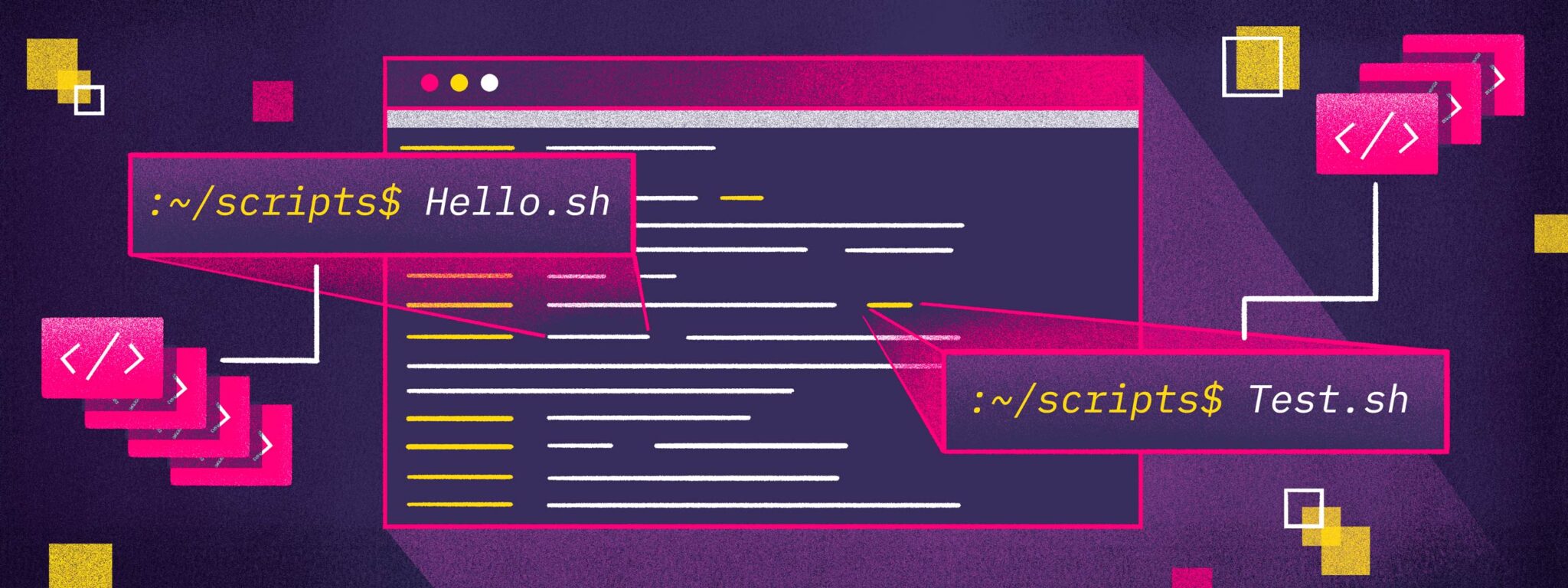 Illustrated image of a computer screen on a purple background with callouts related to bash scripting.
