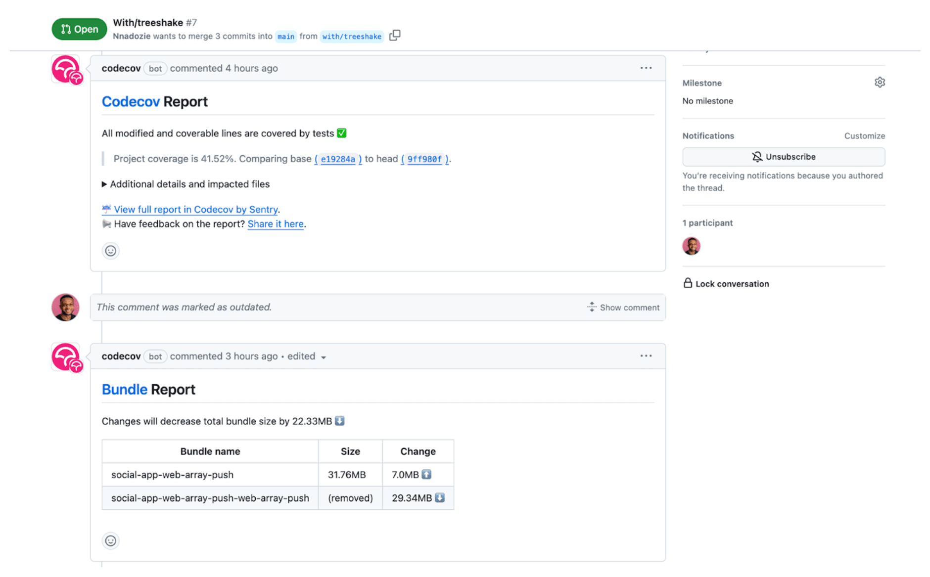 Image showing Codecov reports as pull request comments