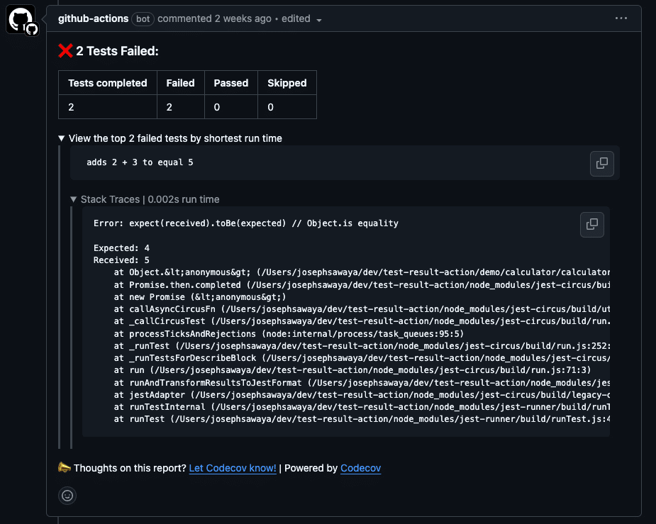 A Codecov GitHub PR comment showing failed tests