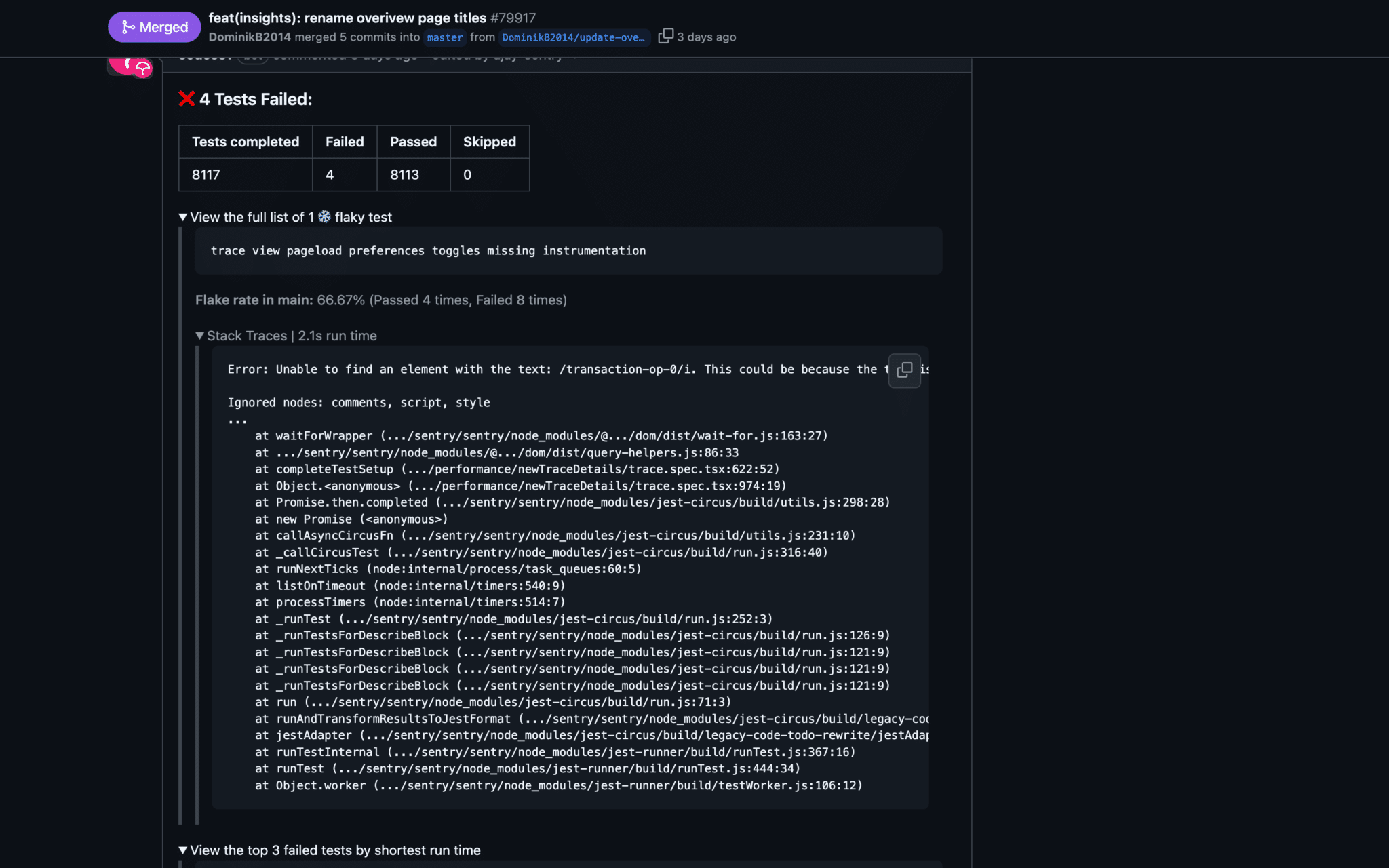 A Codecov GitHub PR comment showing a flaky test and stack trace