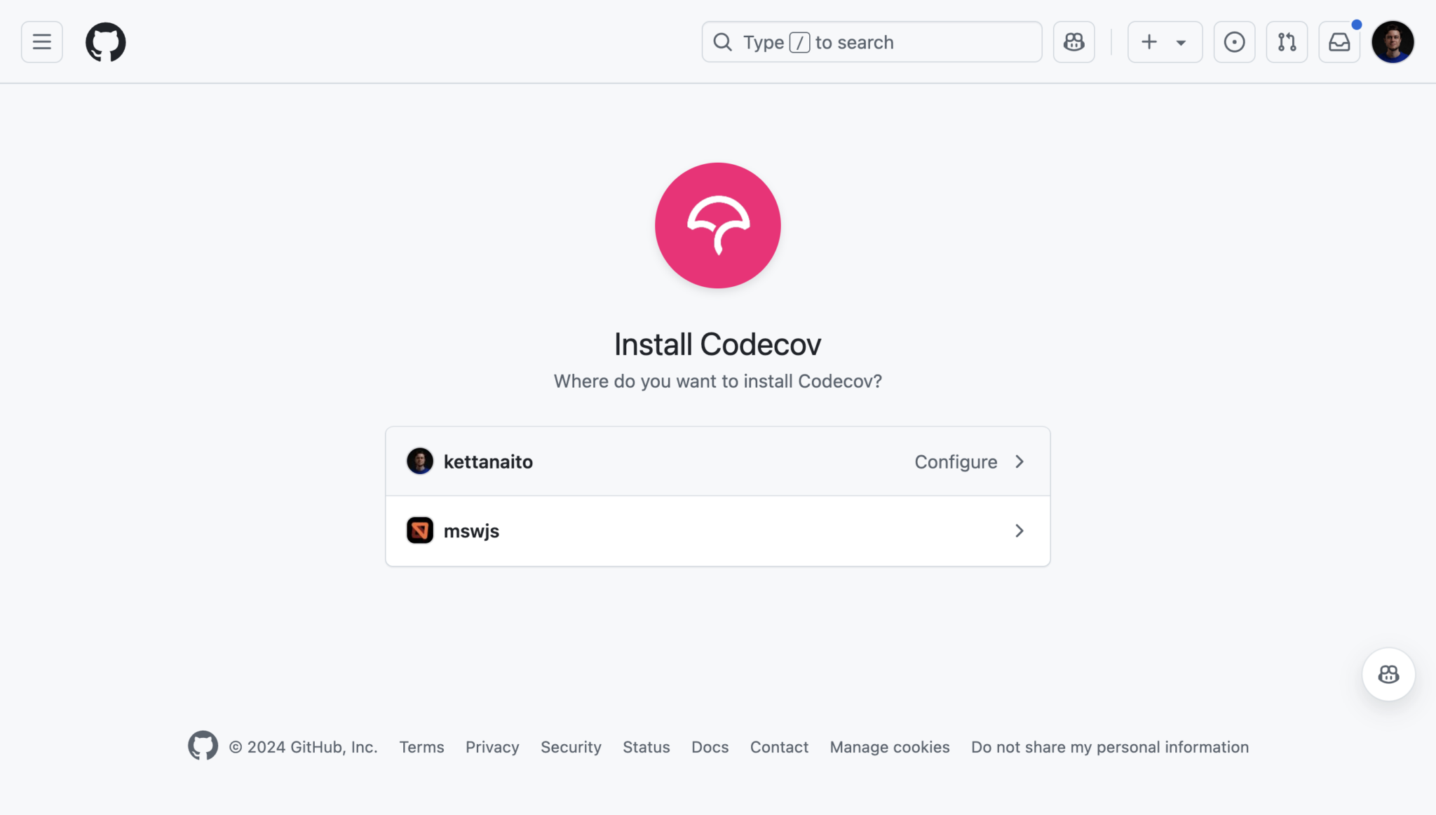 Screenshot of Codedov installation prompt on GitHub showing individual and organizational options