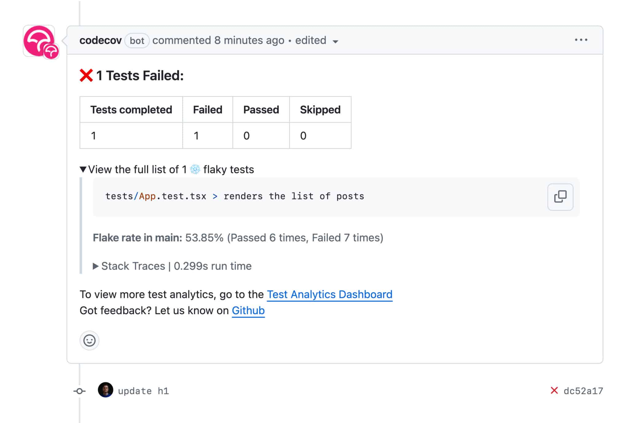 Screenshot of a Codecov pull request comment showing failed and flaky tests