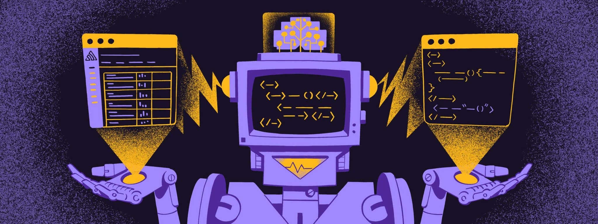 A purple and yellow illustration of a robot with a computer head, holding 2 browser windows.